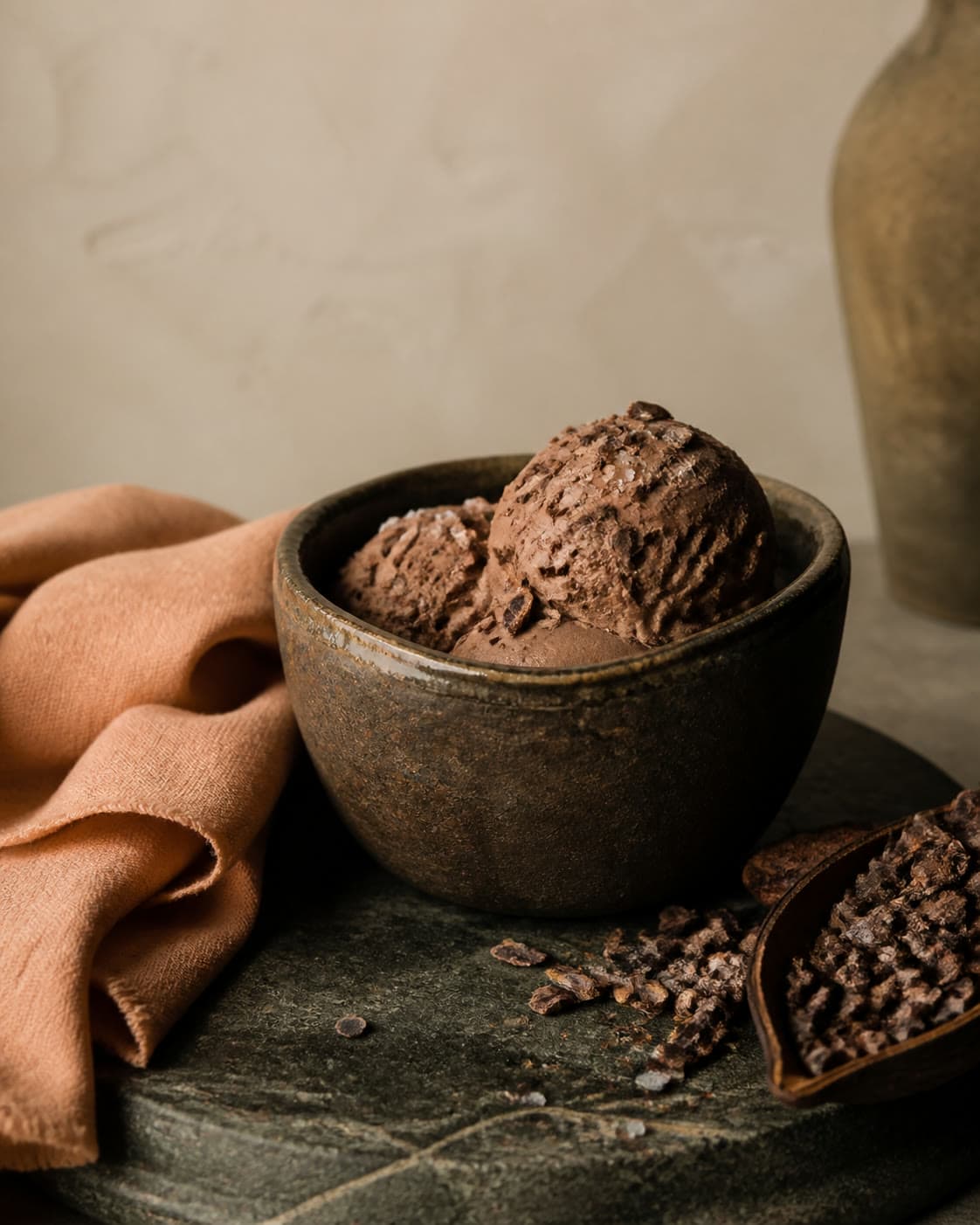 Cacao ice cream in a clay bowl