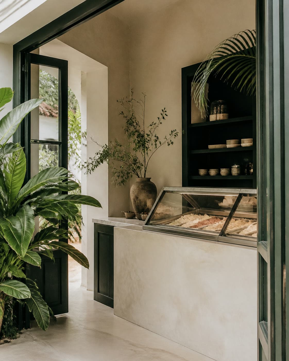 The Anyen kitchen, ivory walls and morning light